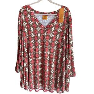 Ruby Rd Plus 4X Pink Abstract V‑Neck 3/4 Sleeve Blouse Office Casual Comfort